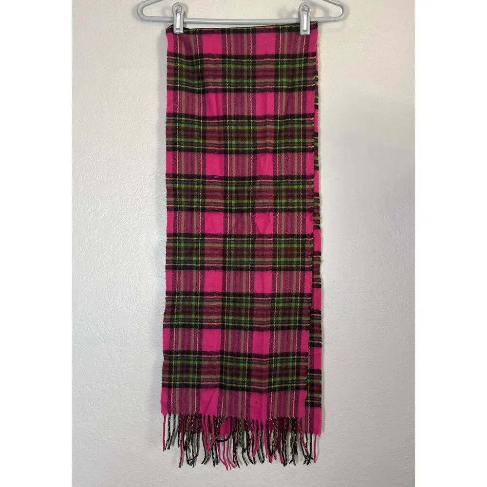 100% Cashmere Plaid Fringe Scarf Scotland Pink Green Womens Soft Bright Y2K